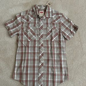 Levi’s modern fit short sleeve plaid shirt size small pink brown white
